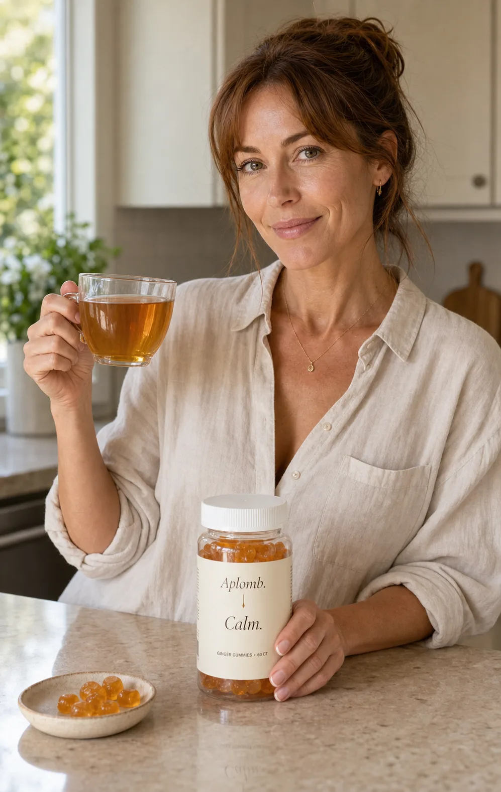 A woman with a cup of ginger tea and a jar of APLOMB Ginger gummies.