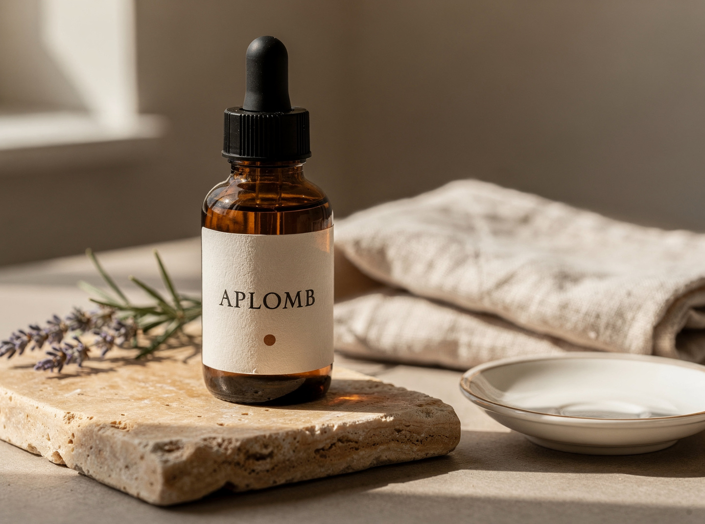 APLOMB. serum — frosted glass bottle, cream paper packaging, warm afternoon light.